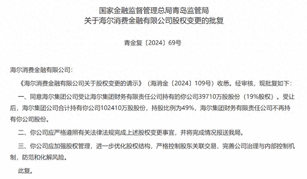 海尔消金股权变更，集团持股比例上升未达监管要求